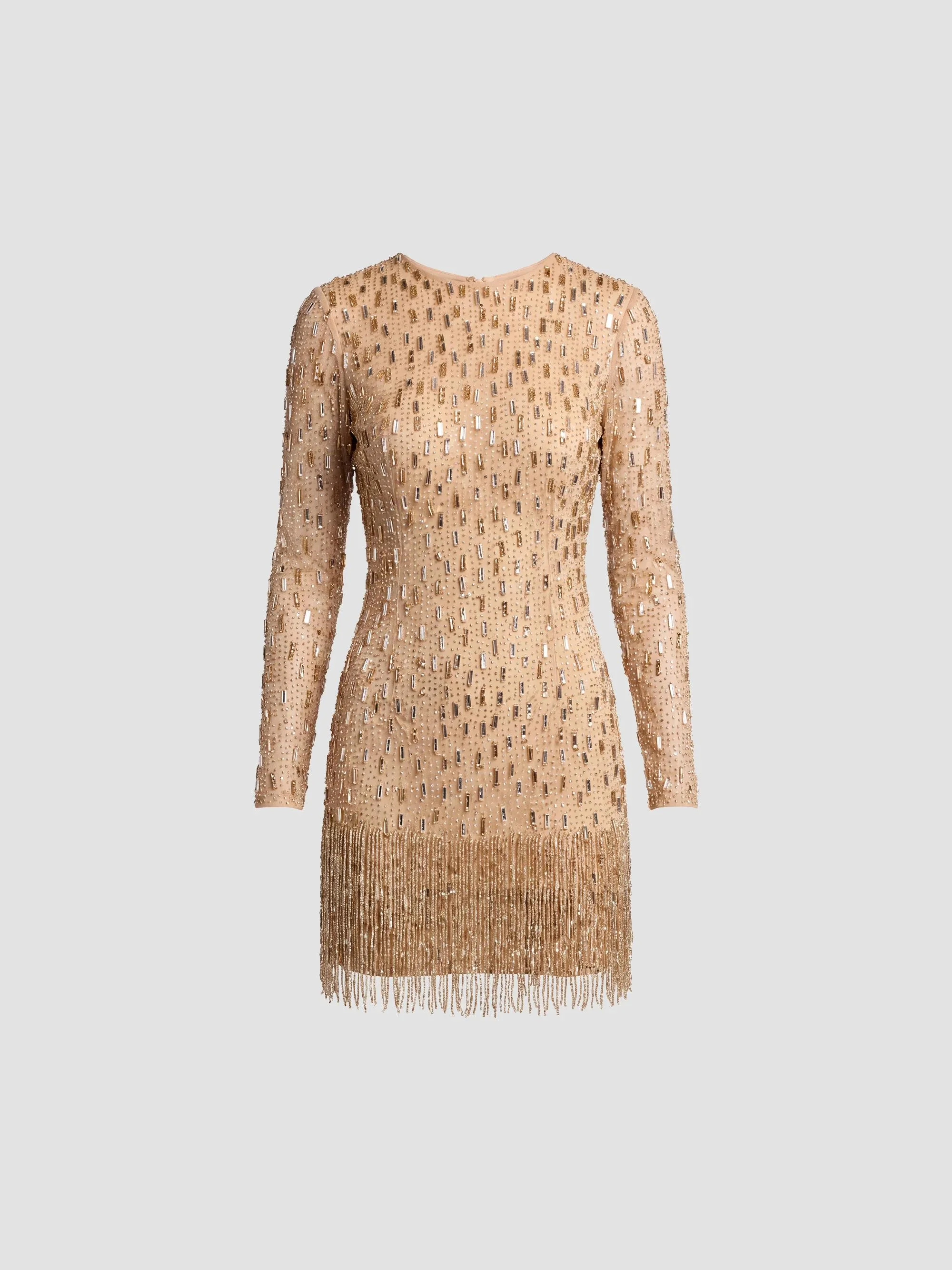 Women's Beaded Mesh Fringe-Hem Mini Dress - Beige - 1