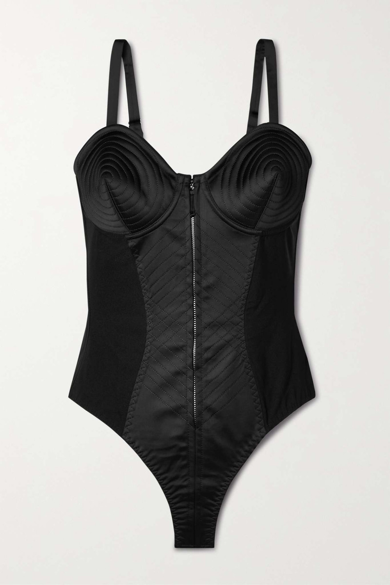 Crepe-trimmed quilted satin thong bodysuit 1