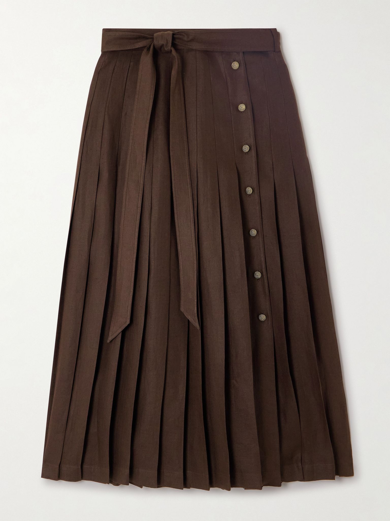 Yasmina belted pleated linen-twill wrap skirt Brown - 1