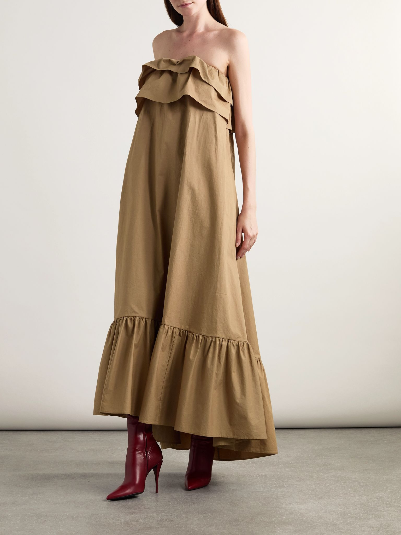 Strapless ruffled cotton-gabardine maxi dress Beige - 3