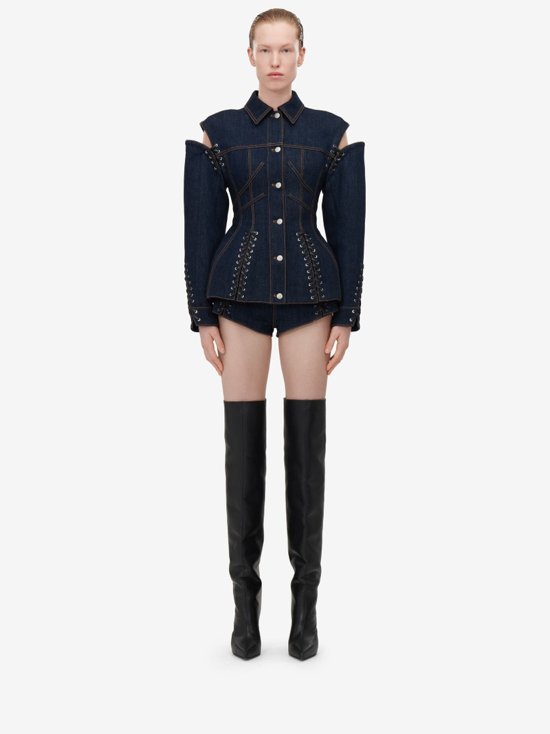 Alexander McQueen Women's Lace Detail Denim Micro Shorts in Denim outlook