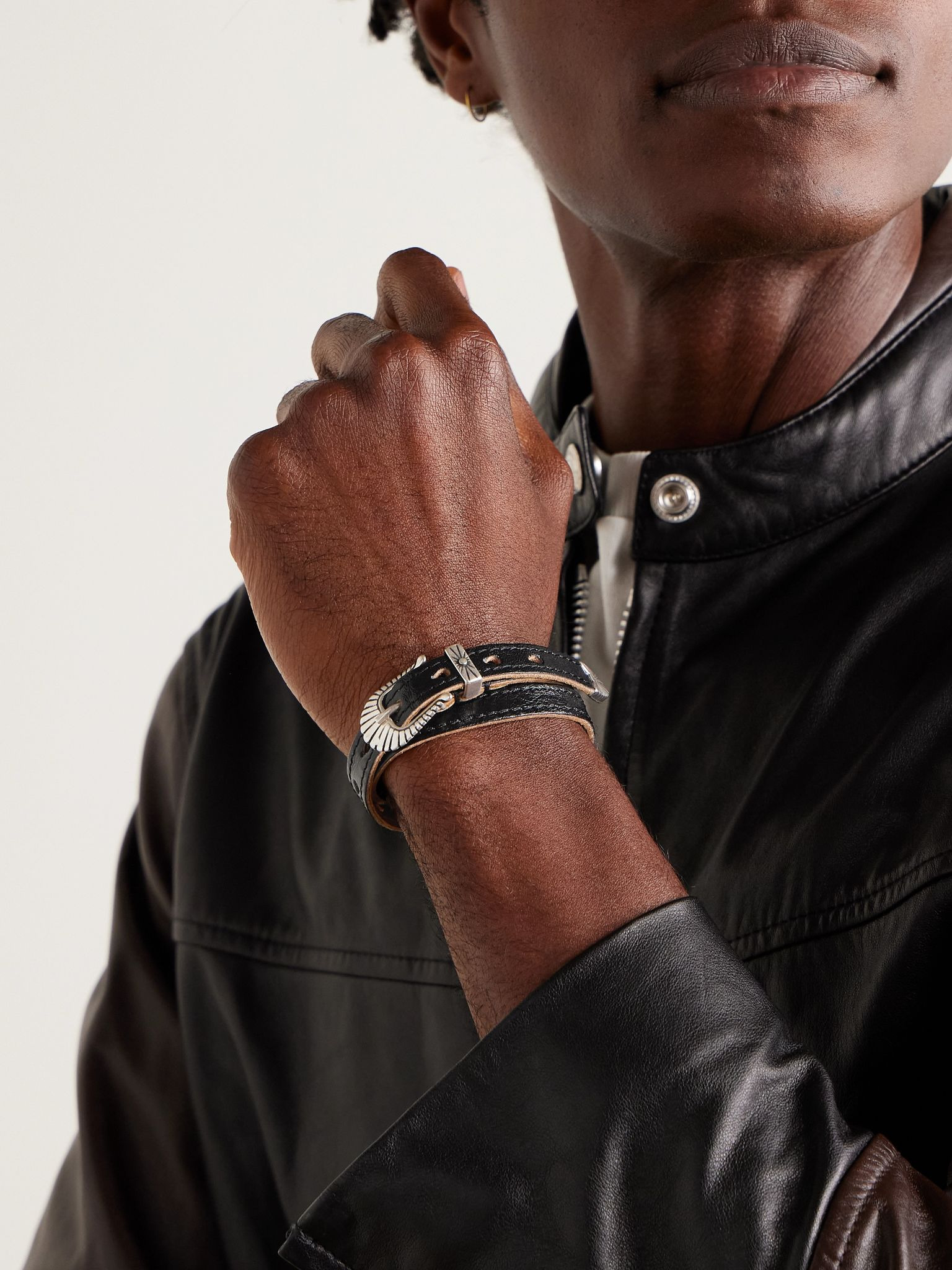 Cowboy Silver-Tone and Leather Wrap Bracelet Black - 2