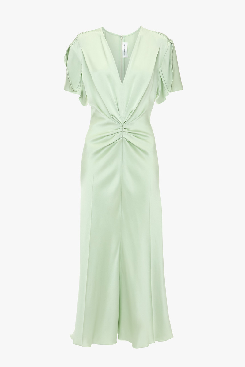 Gathered V-Neck Midi Dress In Jade - 1