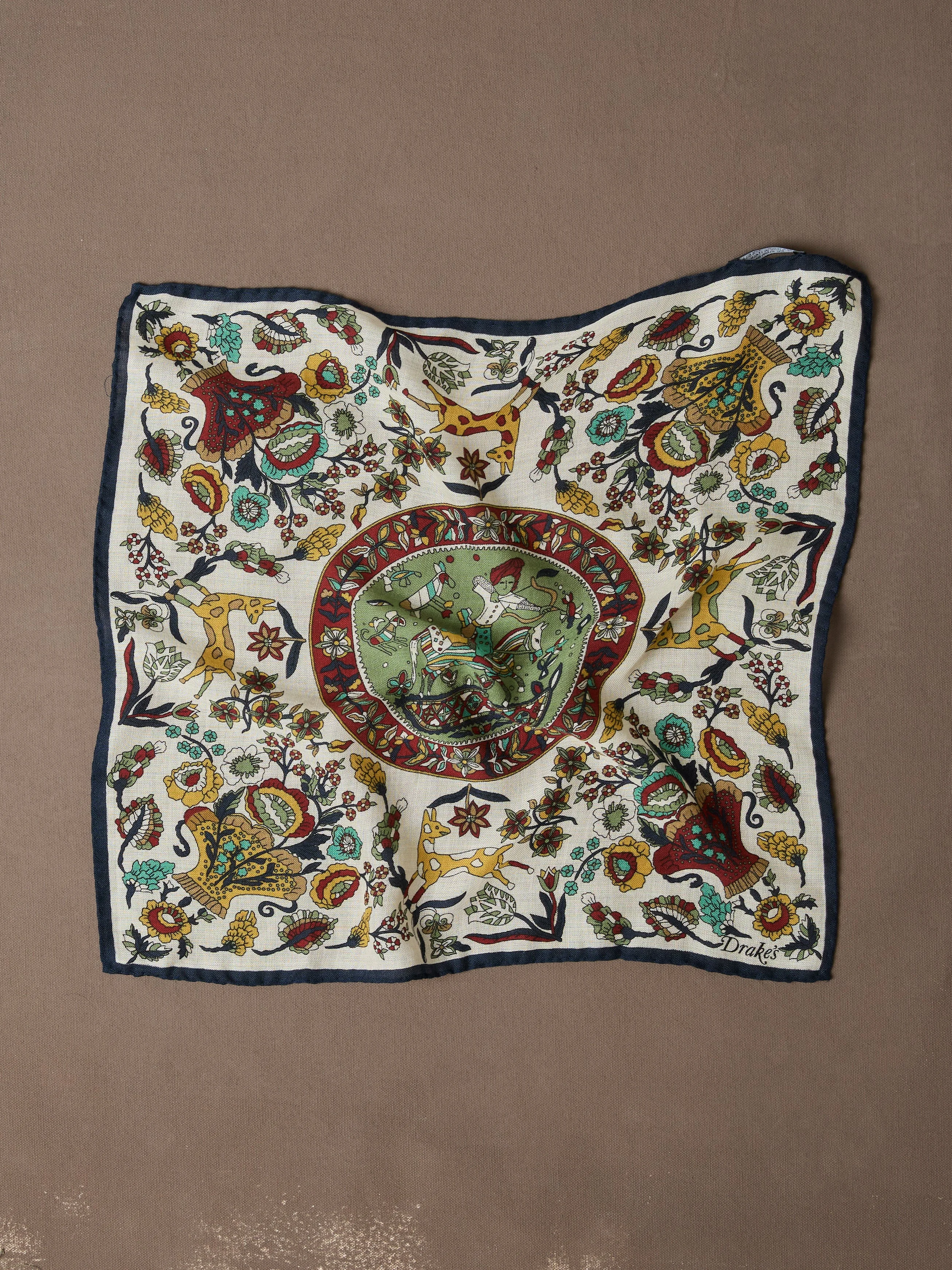 Ecru Folk Rider Print Wool-Silk Pocket Square - 1