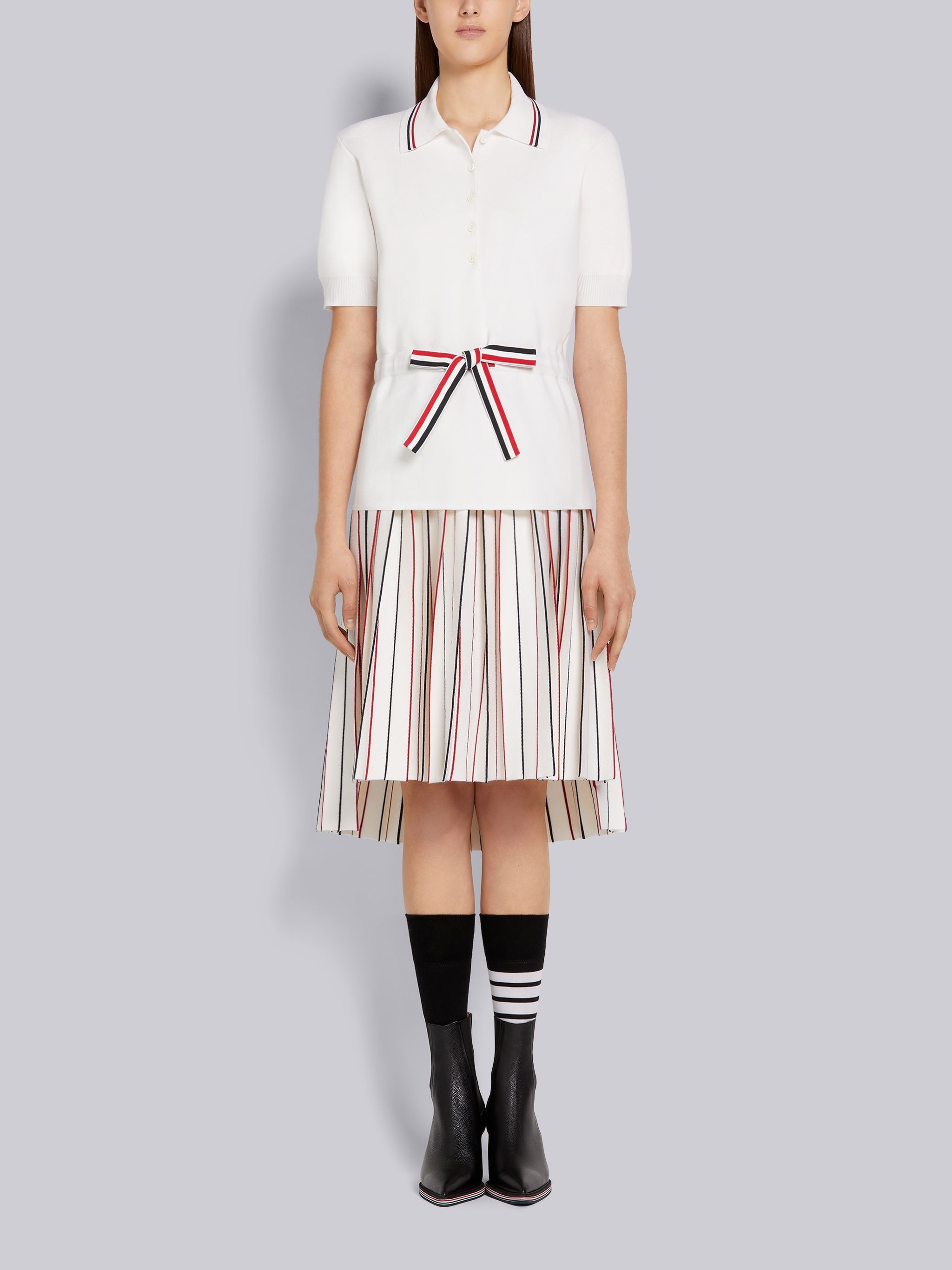 White Stretch Wool Knife Pleat Below-the-Knee Skirt - 4