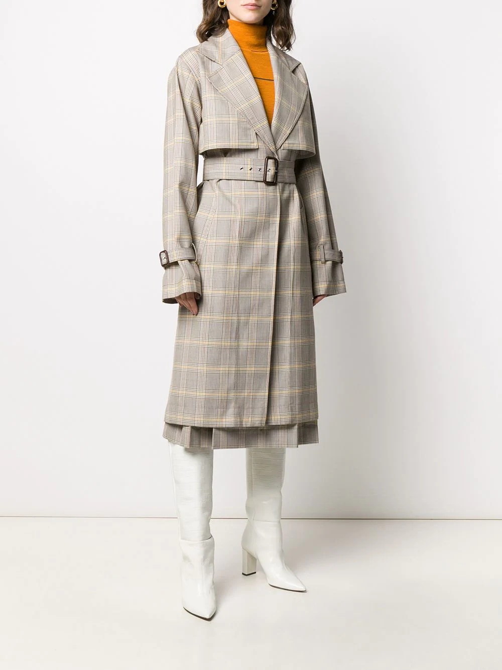 plaid print trench coat - 3