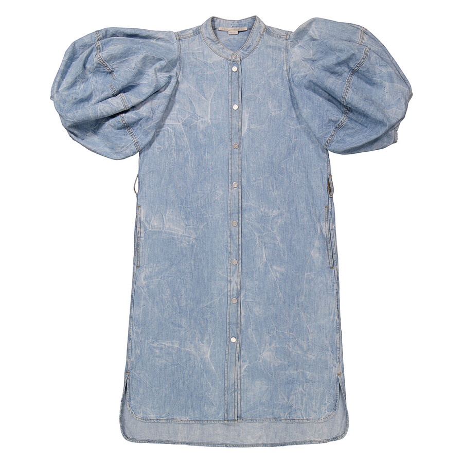 Stella Mccartney Crinkle Blue Denim Puff Sleeve Dress - 1