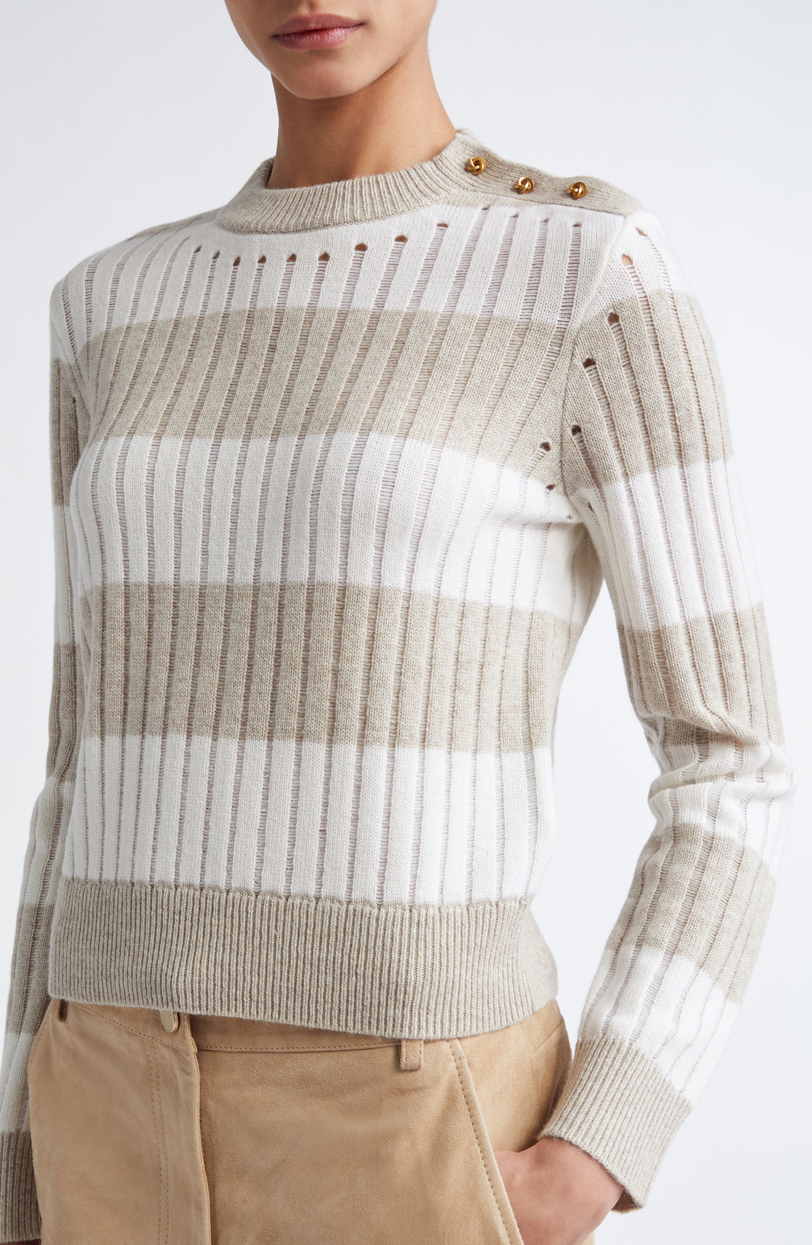 Max Mara Alfeo Stripe Rib Wool & Cashmere Crop Sweater in White at Nordstrom - 5