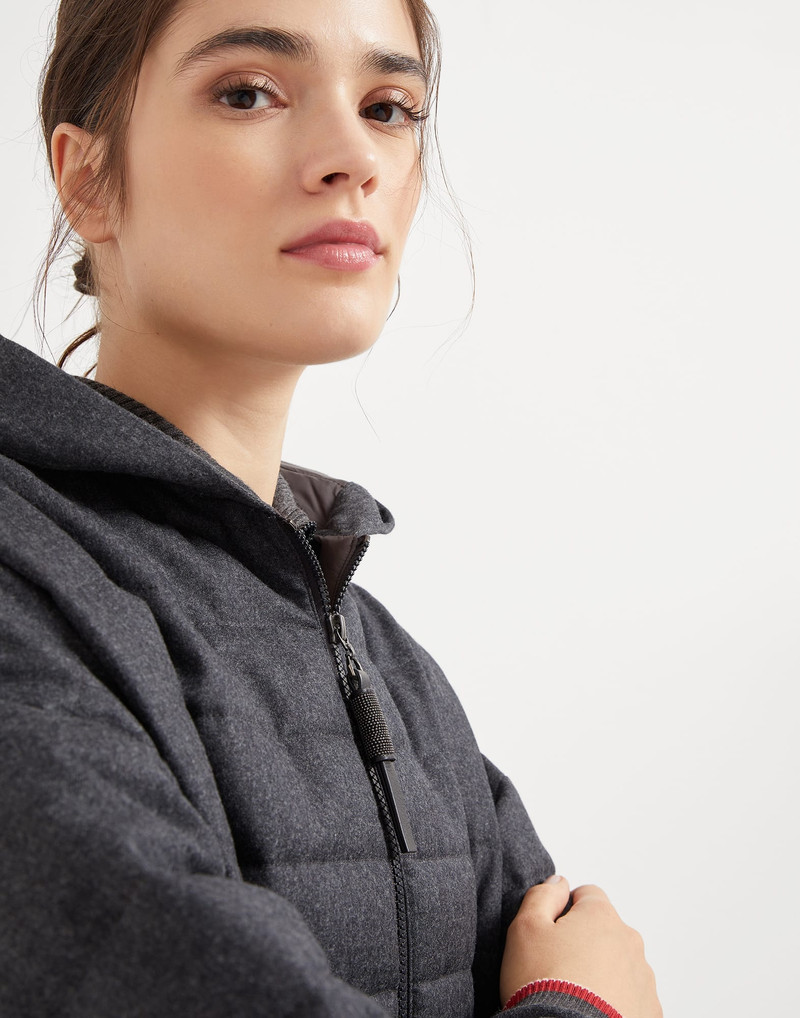 Water-resistant virgin wool flannel hooded outerwear jacket with Thermore® padding and shiny zipper 3