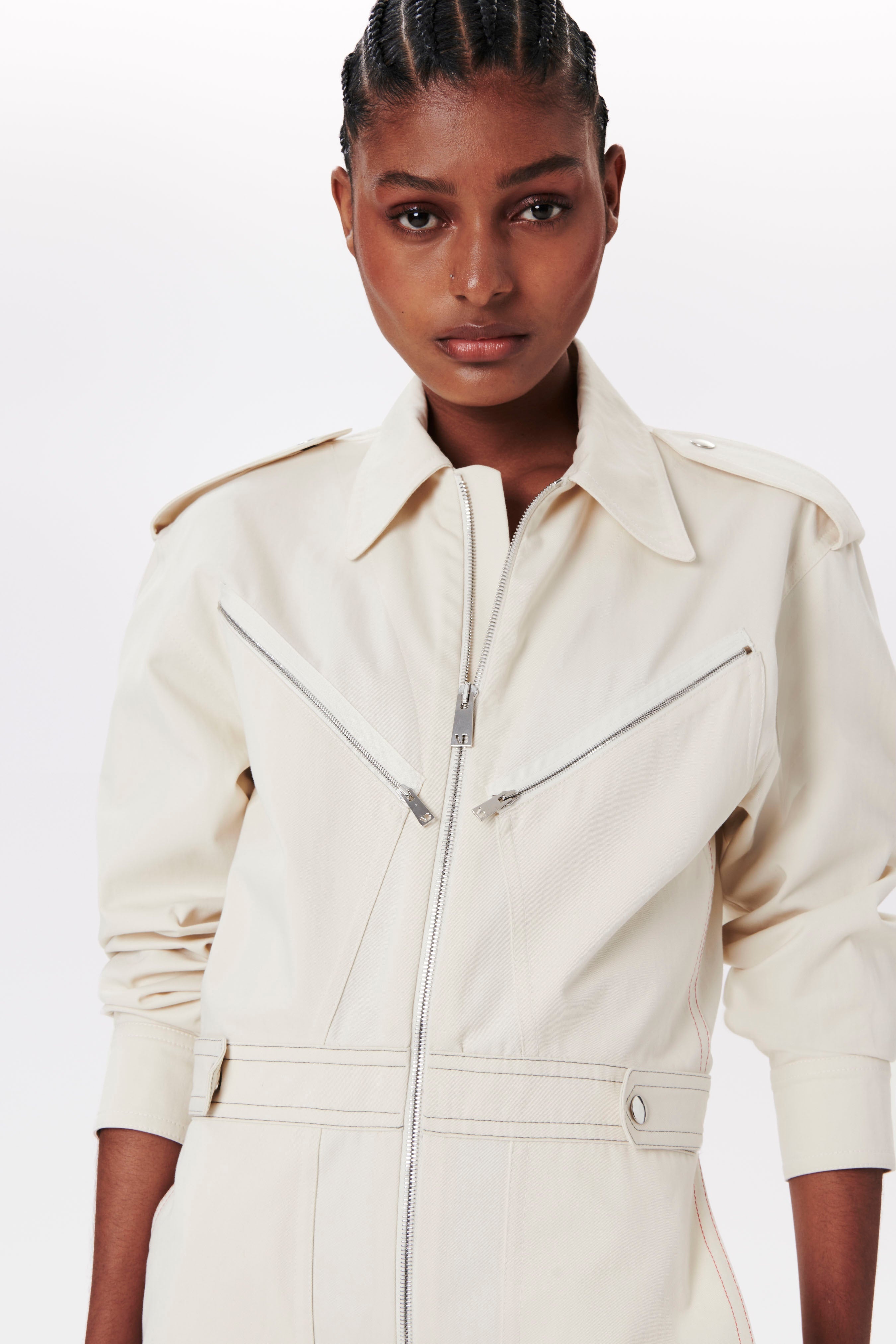 Zip Detail Utility Dress in Off-White - 3