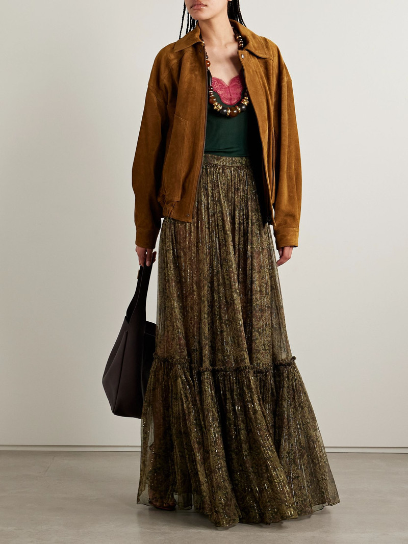 SAINT LAURENT Tiered metallic paisley-print silk-blend crepon maxi skirt Green outlook