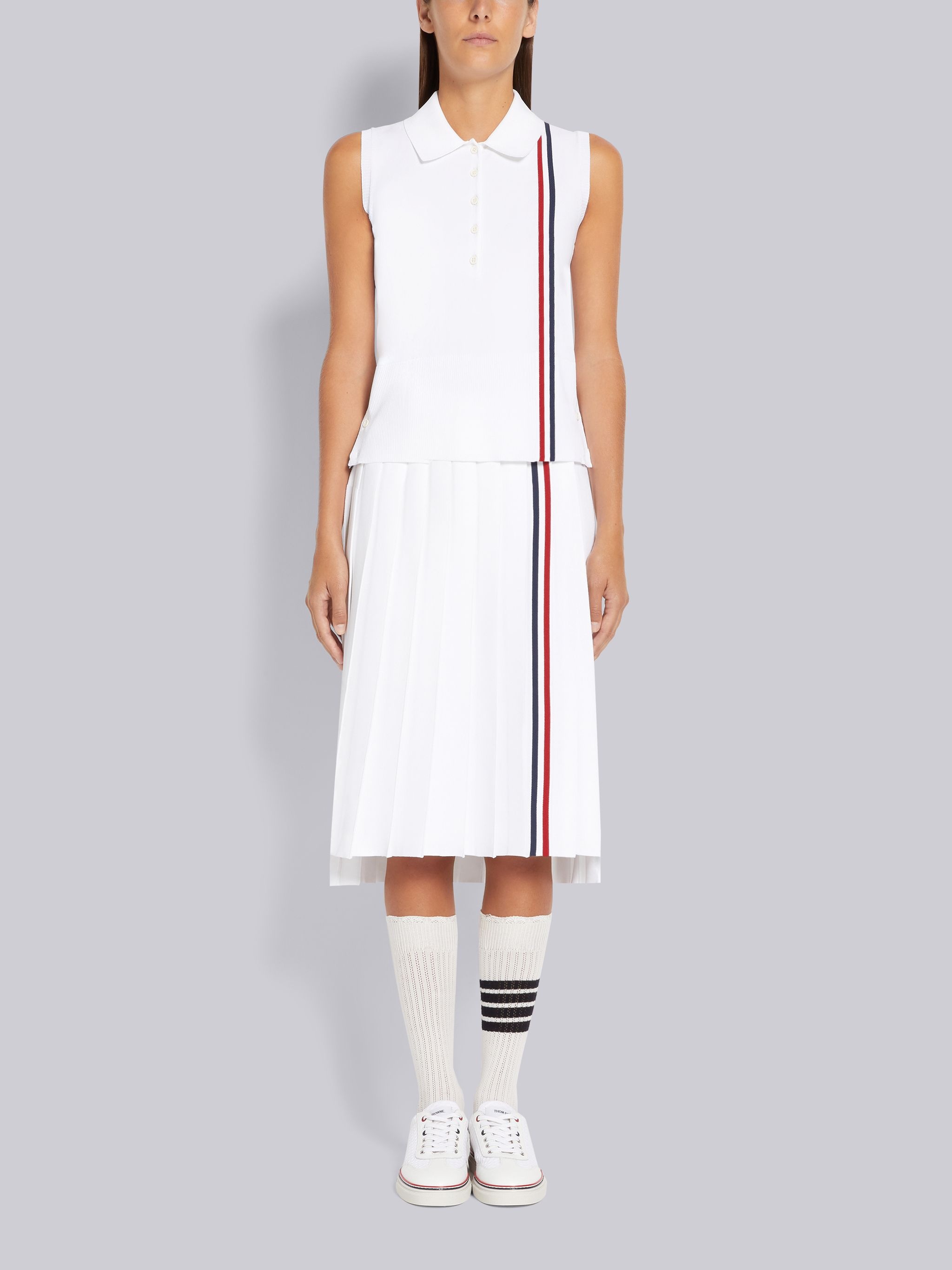 White Jersey Stitch Stretch Viscose Stripe Sleeveless Polo - 4