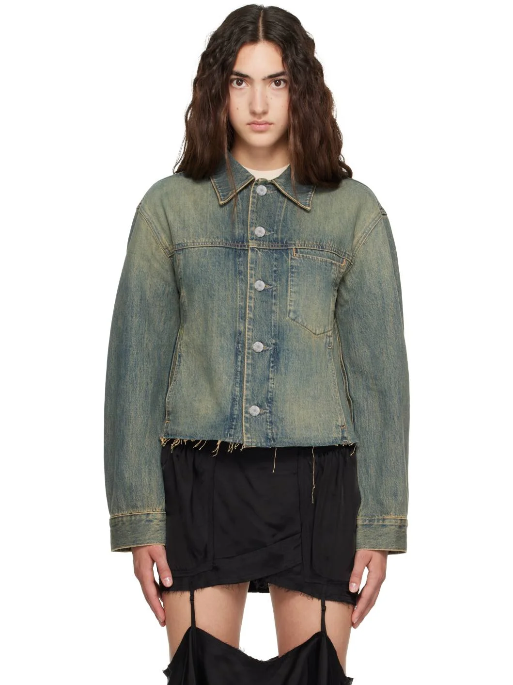 Blue Raw Hem Trucker Denim Jacket - 1