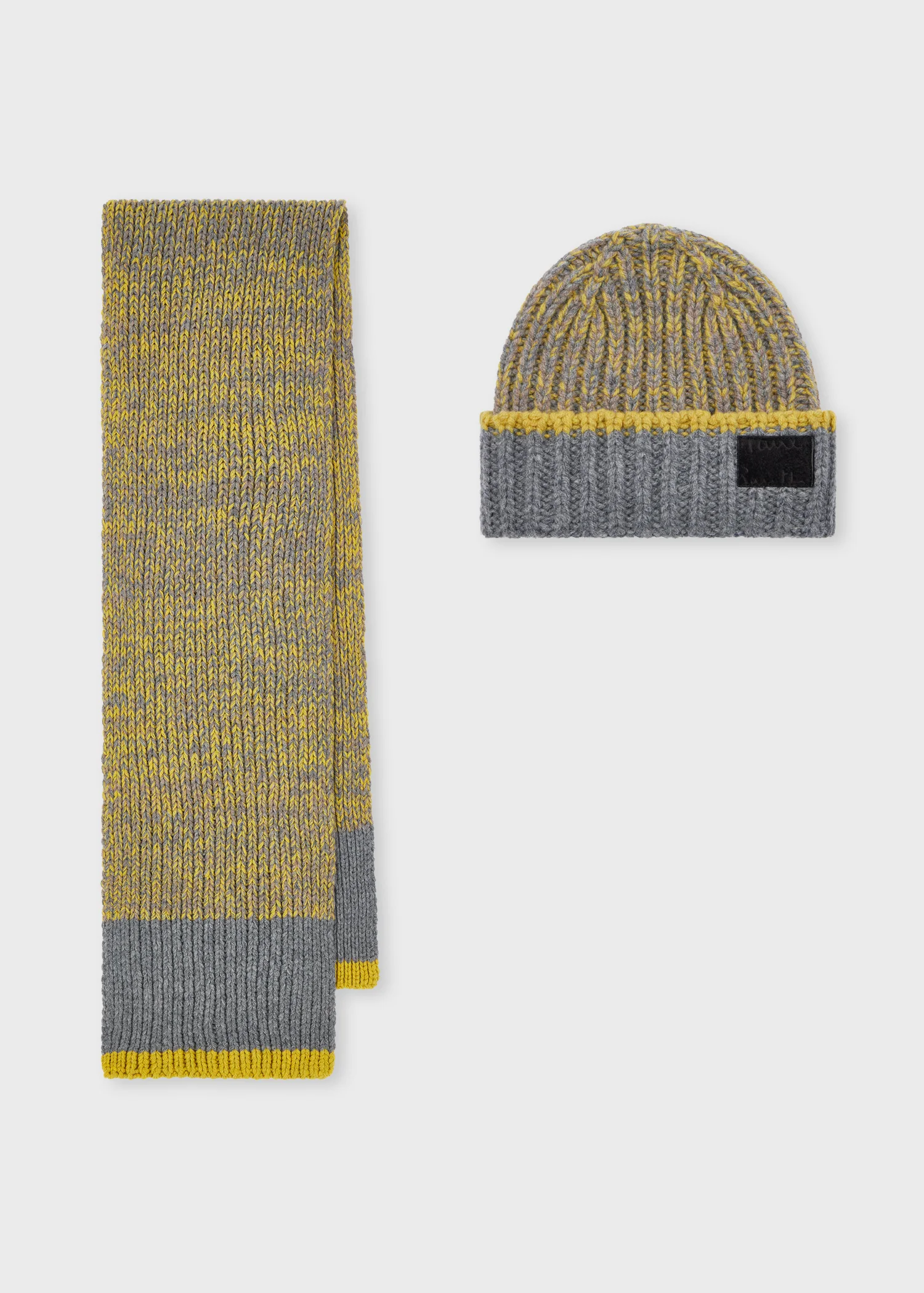 Lambswool Twisted Yarn Grey and Yellow Beanie and Scarf Set - 1