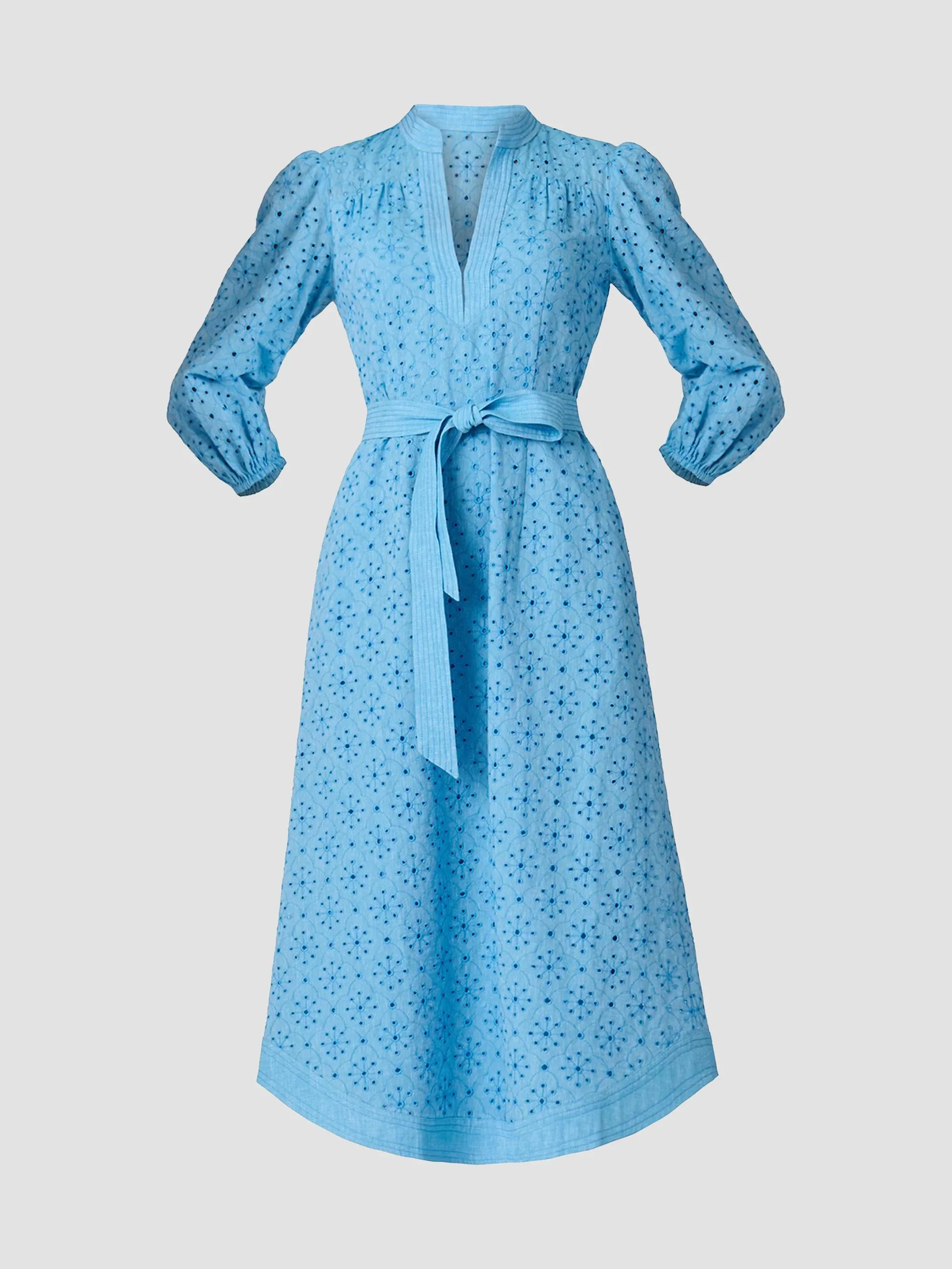 Women's Adele Embroidered Cotton-Linen Midi-Dress - Cyan - 1