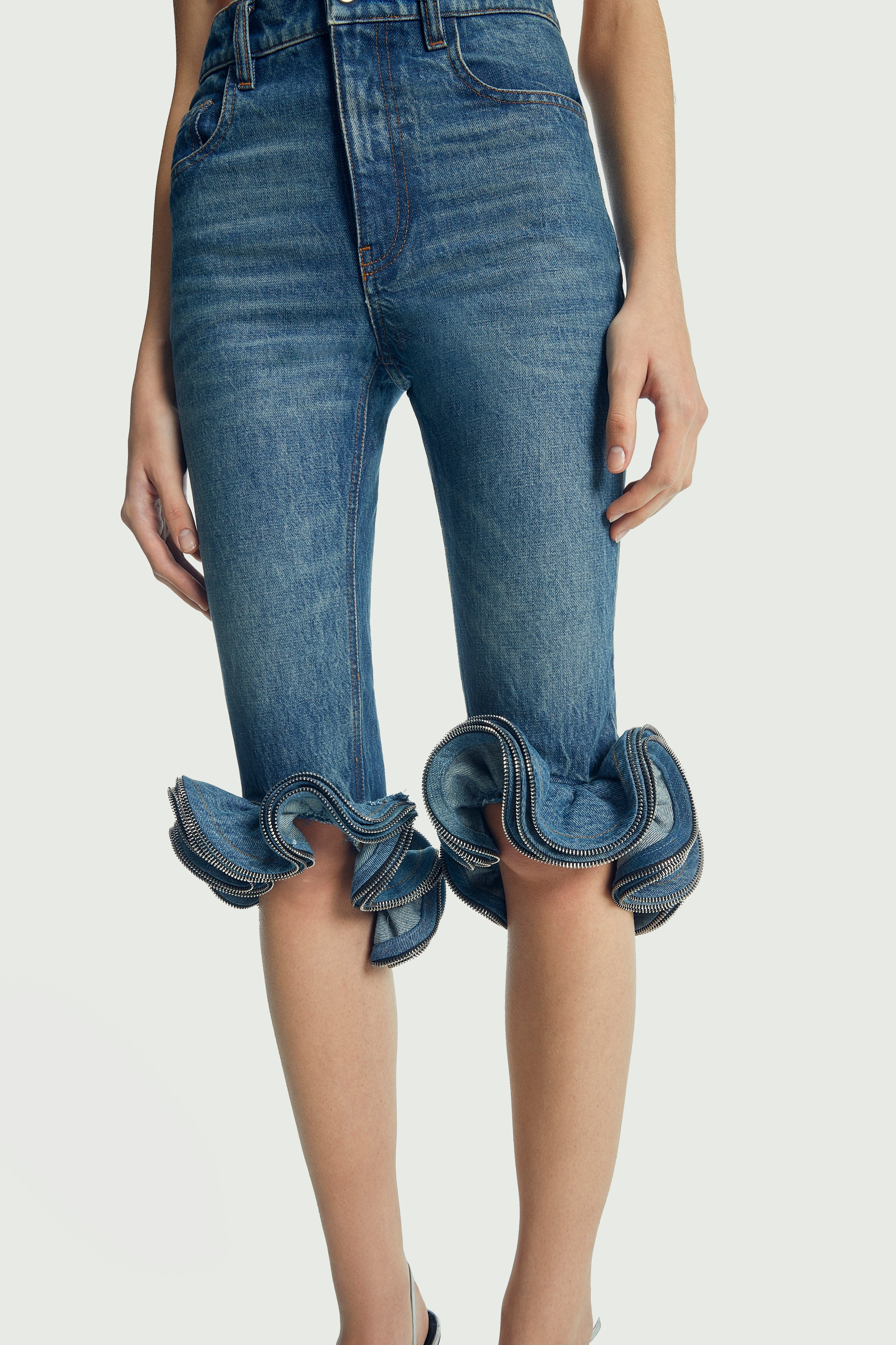 Cropped Ruffle Denim Pants - 2