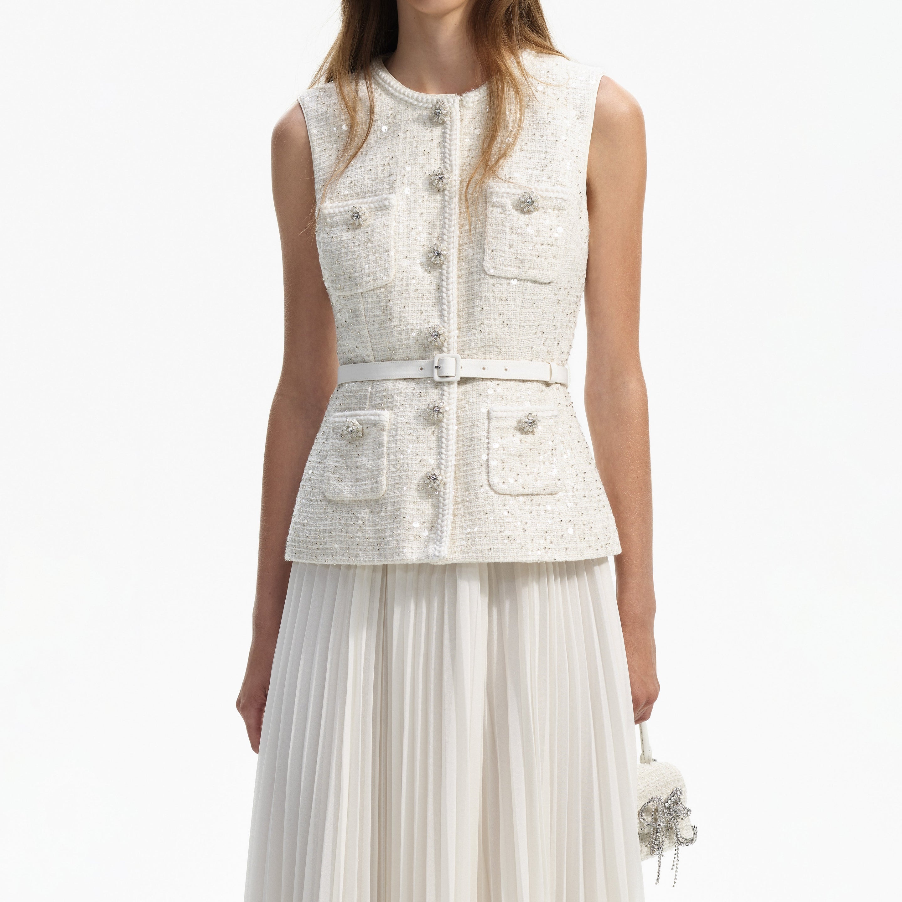 self-portrait Cream Sequin Boucle Tailored Midi Dress - RS24-168M-C |  REVERSIBLE