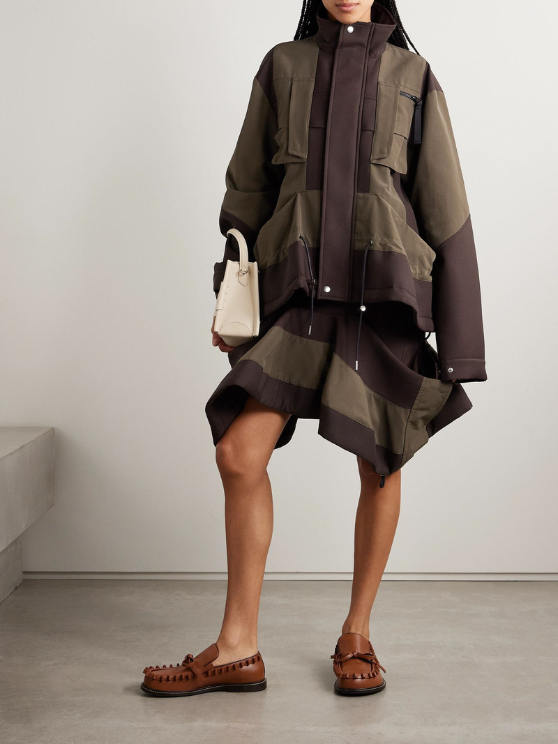 sacai Draped paneled scuba and grosgrain skirt Brown outlook