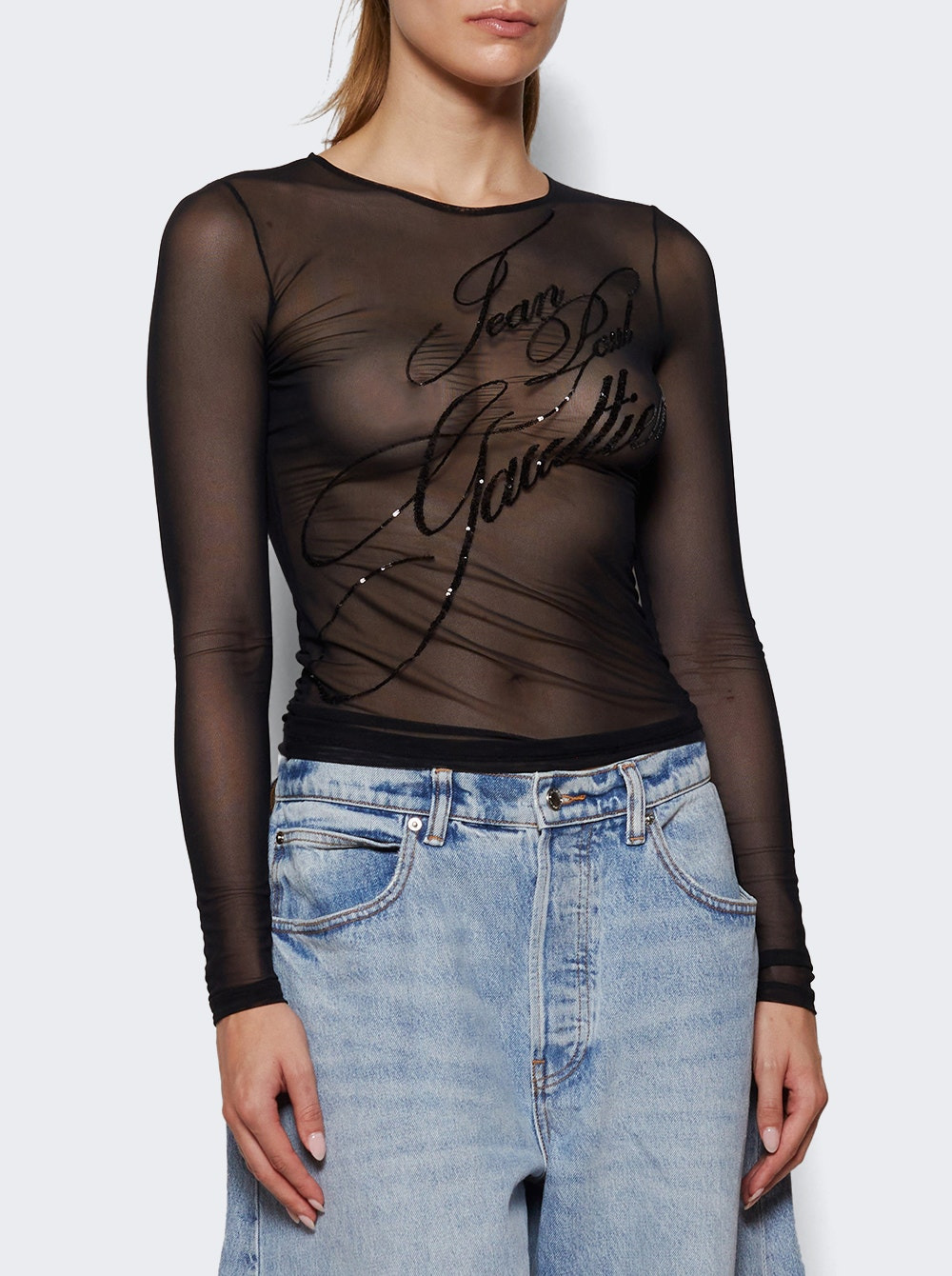 Sequined Mesh Long Sleeve Top Black - 2