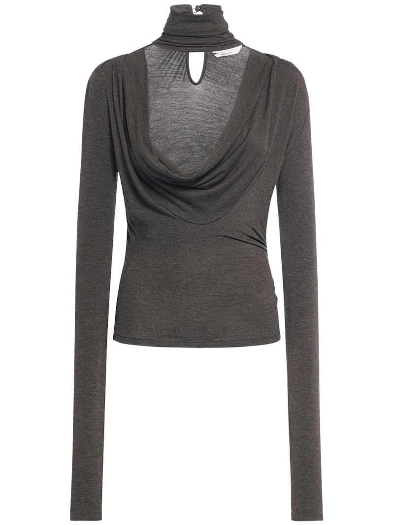 Long sleeve jersey draped t-neck top - 1