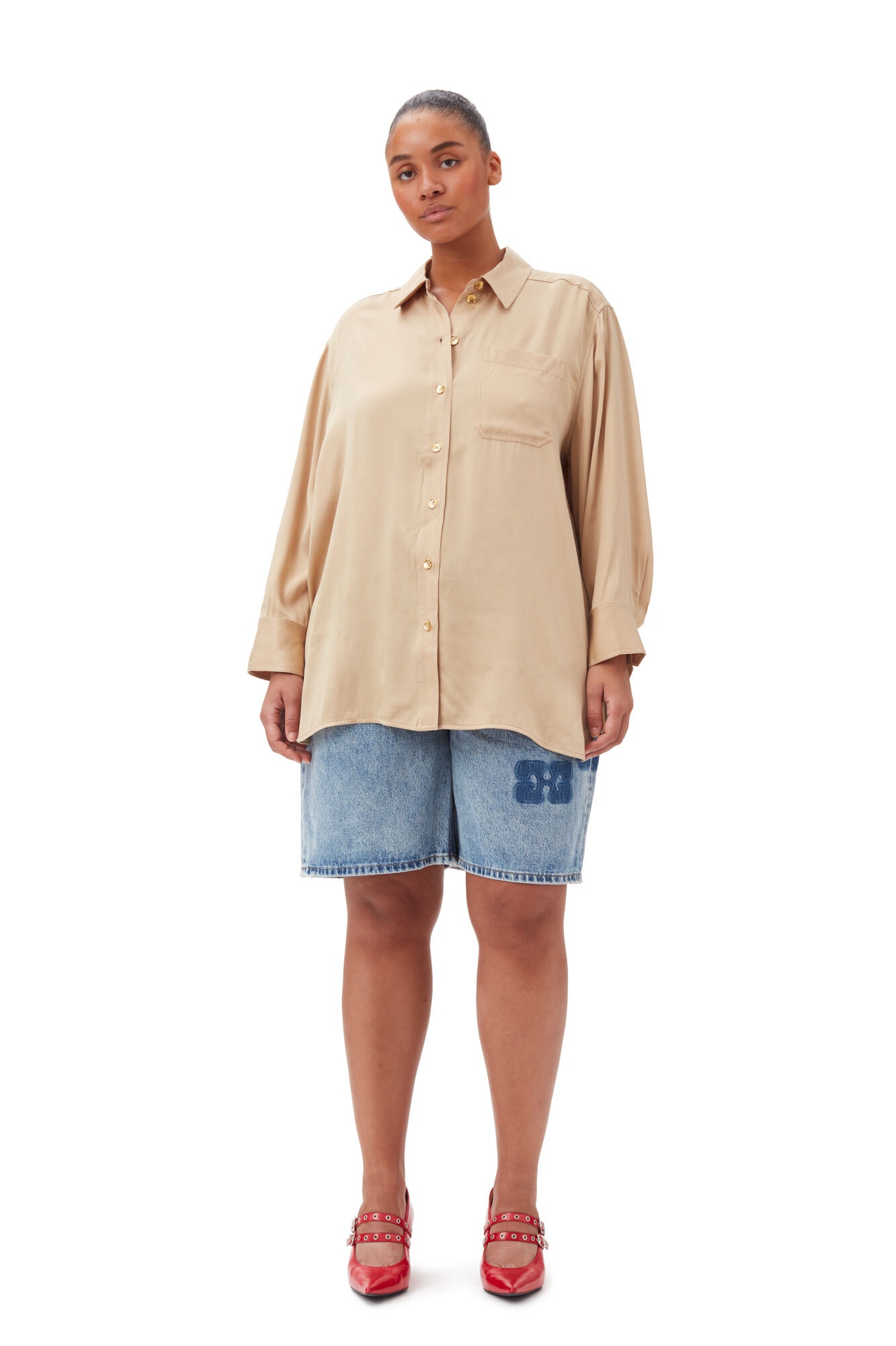 BEIGE WASHED SATIN SHIRT - 8