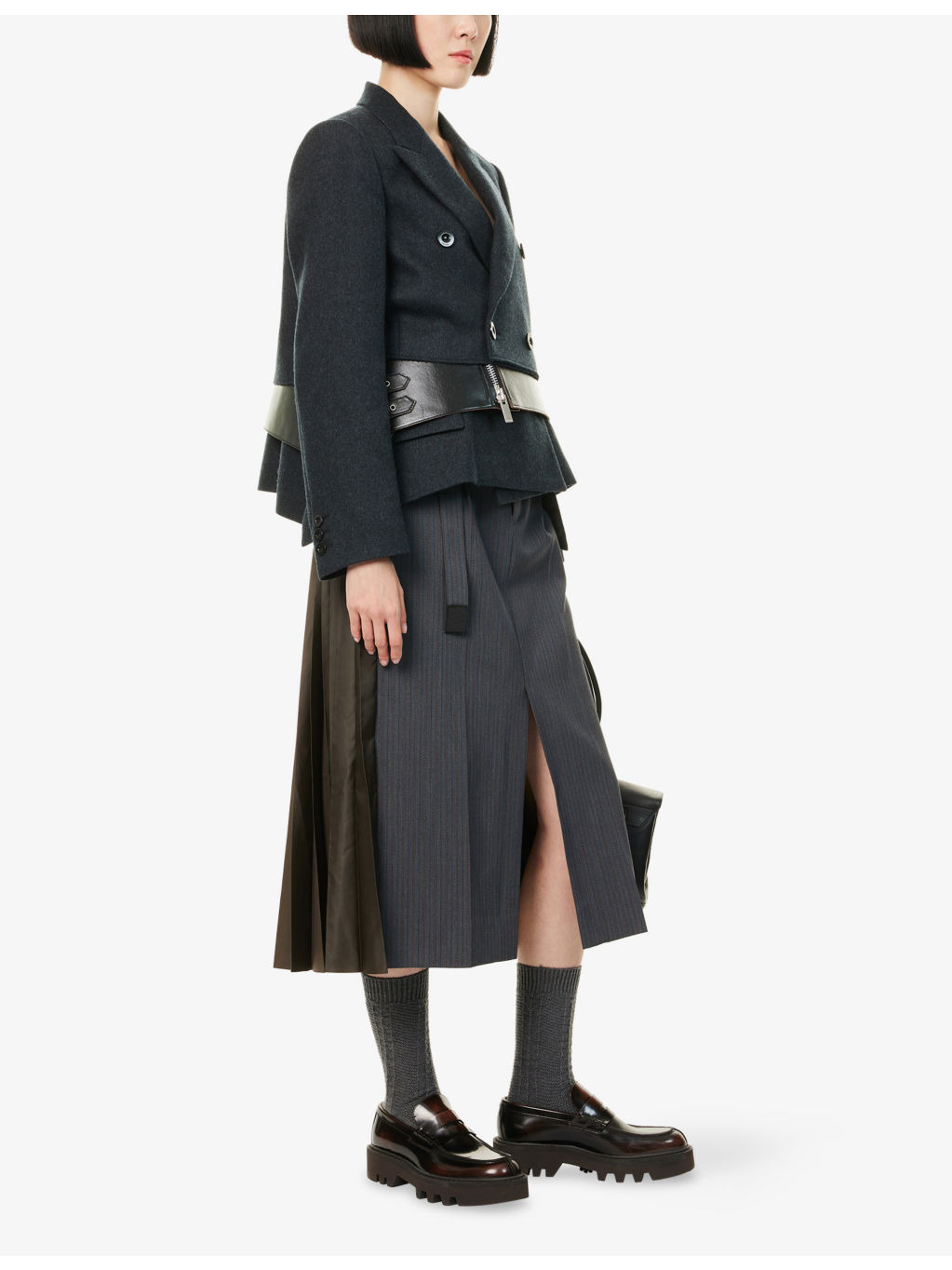 Leather-Panels Asymmetric Wool Jacket - 2