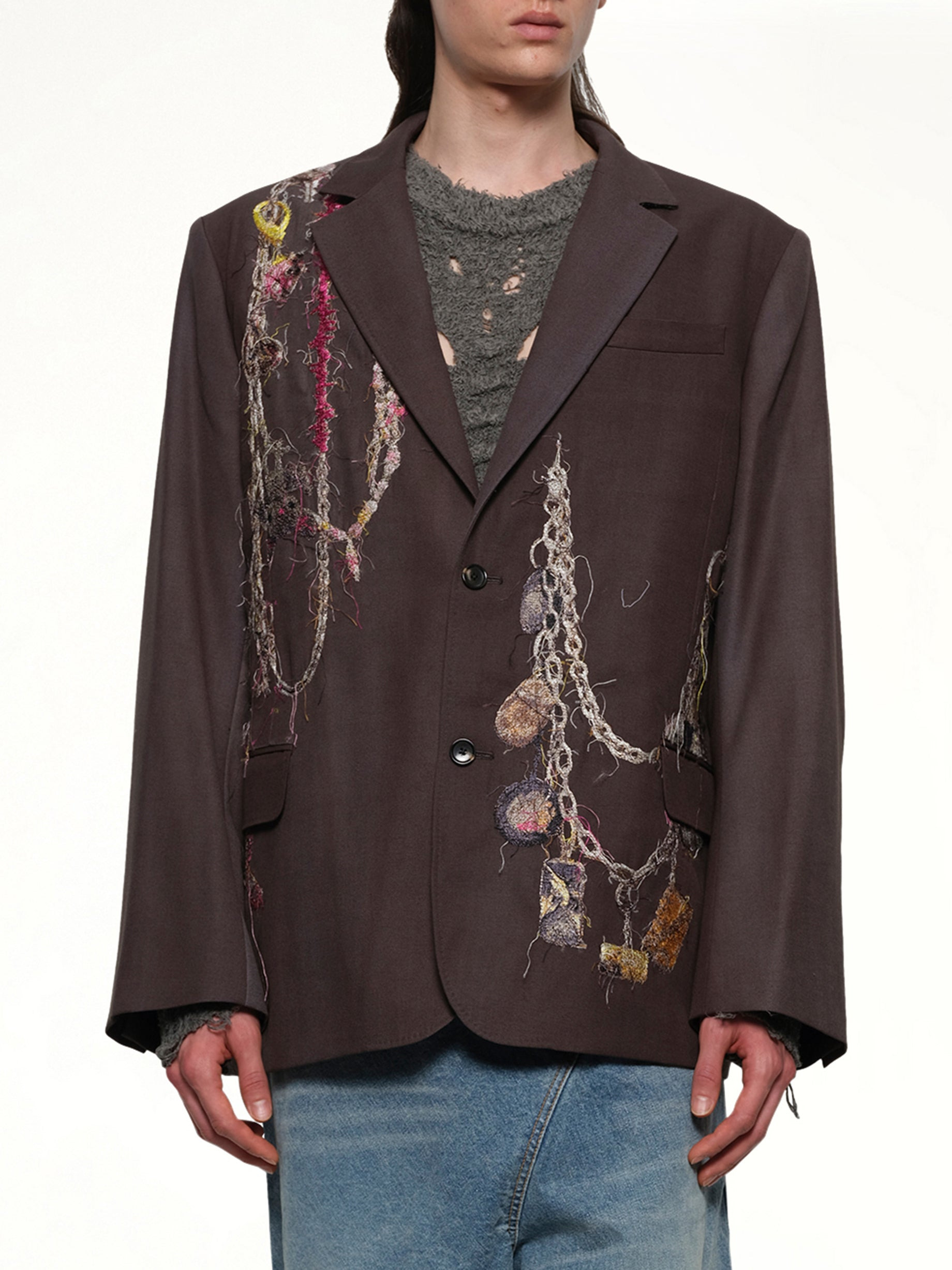 Embroidered Chain Tailored Jacket in Charcoal - 6