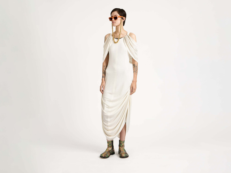 JW Anderson WOMENS BEADED SLEEVE MIDI DRESS IN IVORY outlook