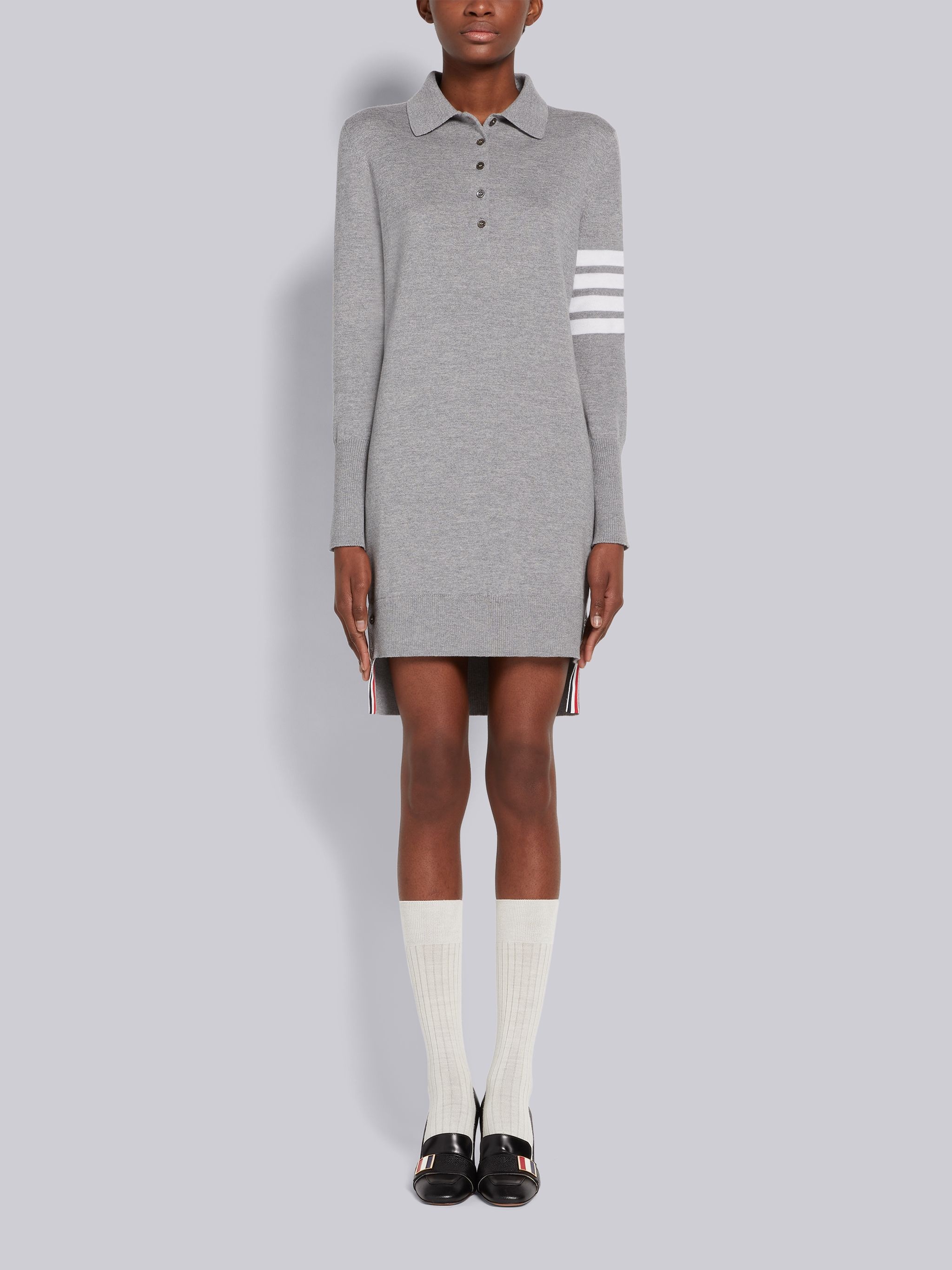 Light Grey Fine Merino Wool 4-Bar Mrs. Thom Intarsia Long Sleeve Mini Polo Dress - 1