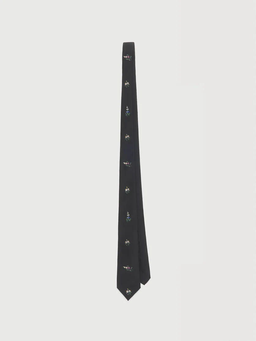 BLACK HABOTAI SILK TIE WITH SPARE FLOWERS PRINT - 1