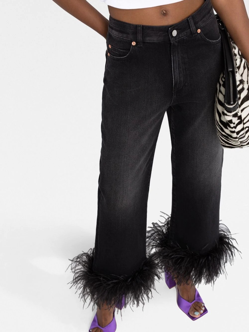 feather-trim straight-leg jeans - 3