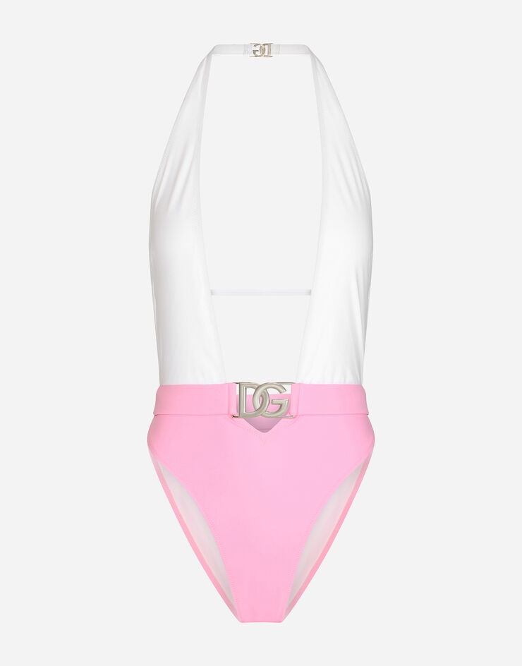 Two-tone one-piece swimsuit with belt - 1