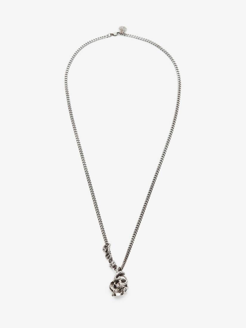 Men's Skull And Snake Necklace in Antique Silver - 1