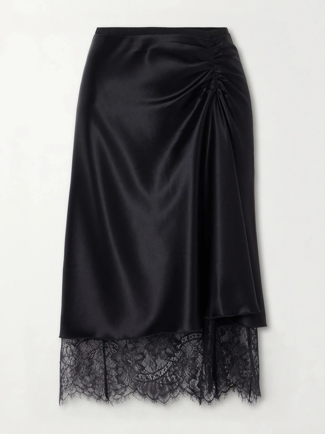 Ingrid Lace-trimmed Ruched Satin Midi Skirt - 1
