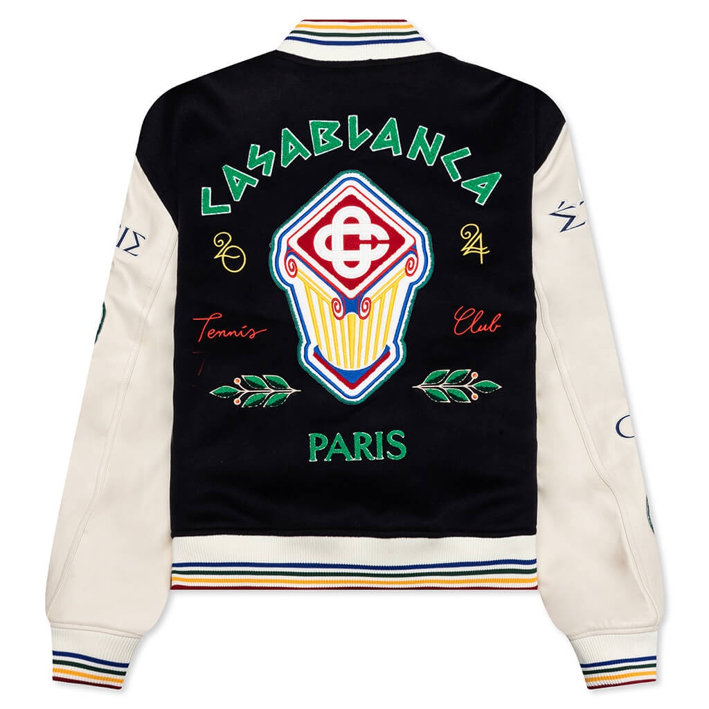 CHENILLE EMBROIDERED PATCHWORK BOMBER JACKET - NAVY/OFF-WHITE - 2