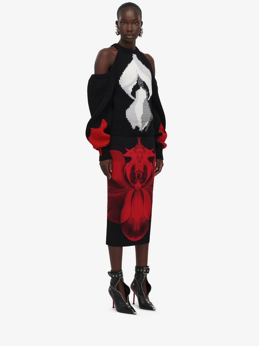 Women's Ethereal Orchid Pencil Skirt in Black/red - 3