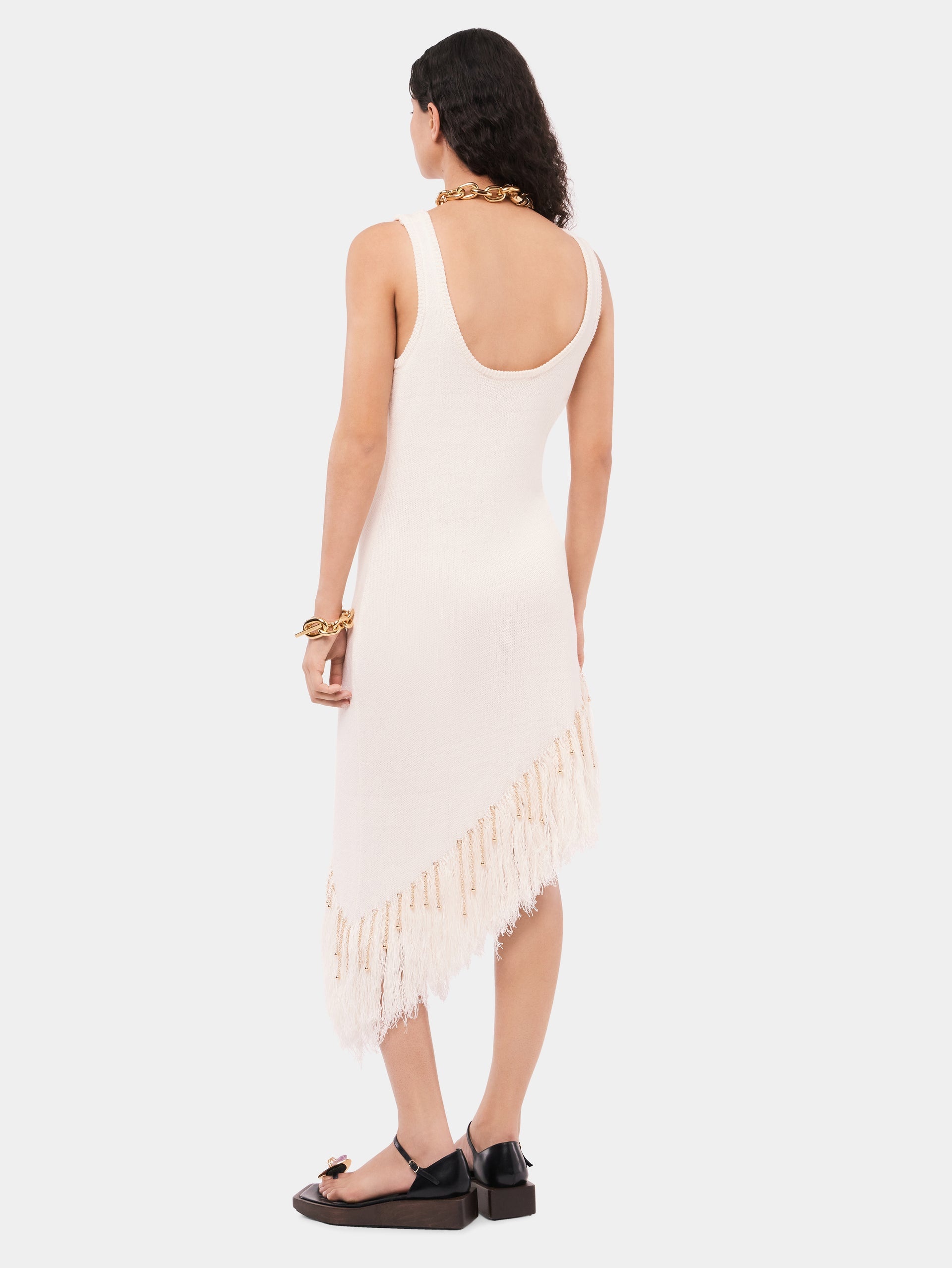 ASYMMETRICAL OFF WHITE WOVEN DRESS WITH KNITTED BEADS AND FEATHERS - 5