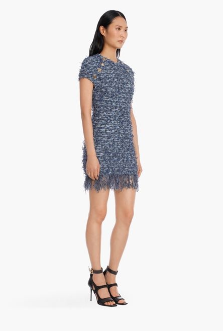 Short blue tweed dress with fringe - 7