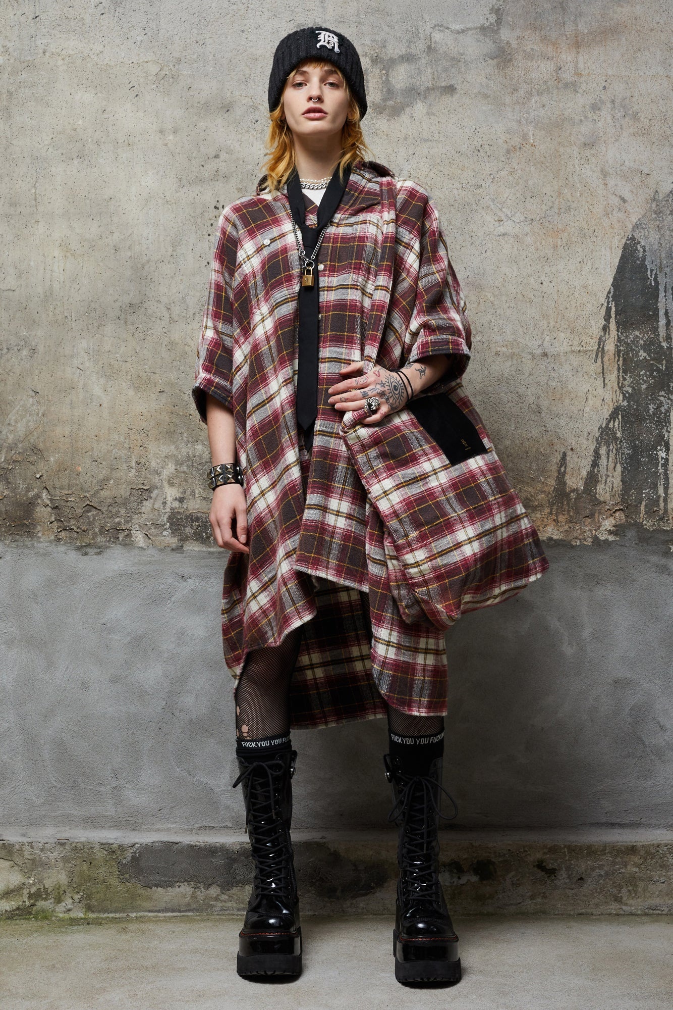 PLAID OVERSIZED BOXY SHIRTDRESS - ECRU/MAROON PLAID - 1