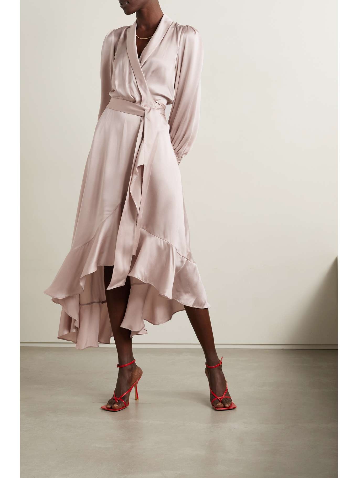 Asymmetric ruffled silk-satin wrap dress - 2