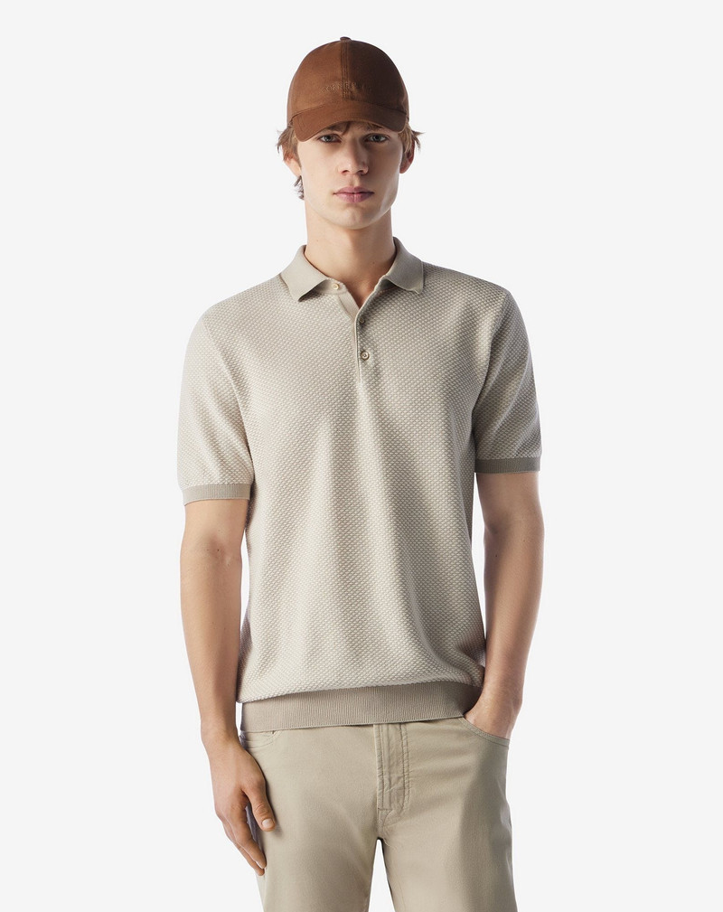 CORNELIANI Beige blue button-up Egyptian cotton polo shirt outlook