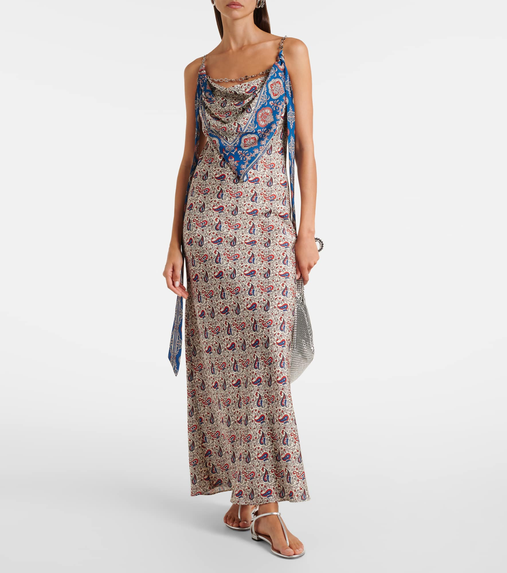 Paisley scarf-detail satin slip dress - 2