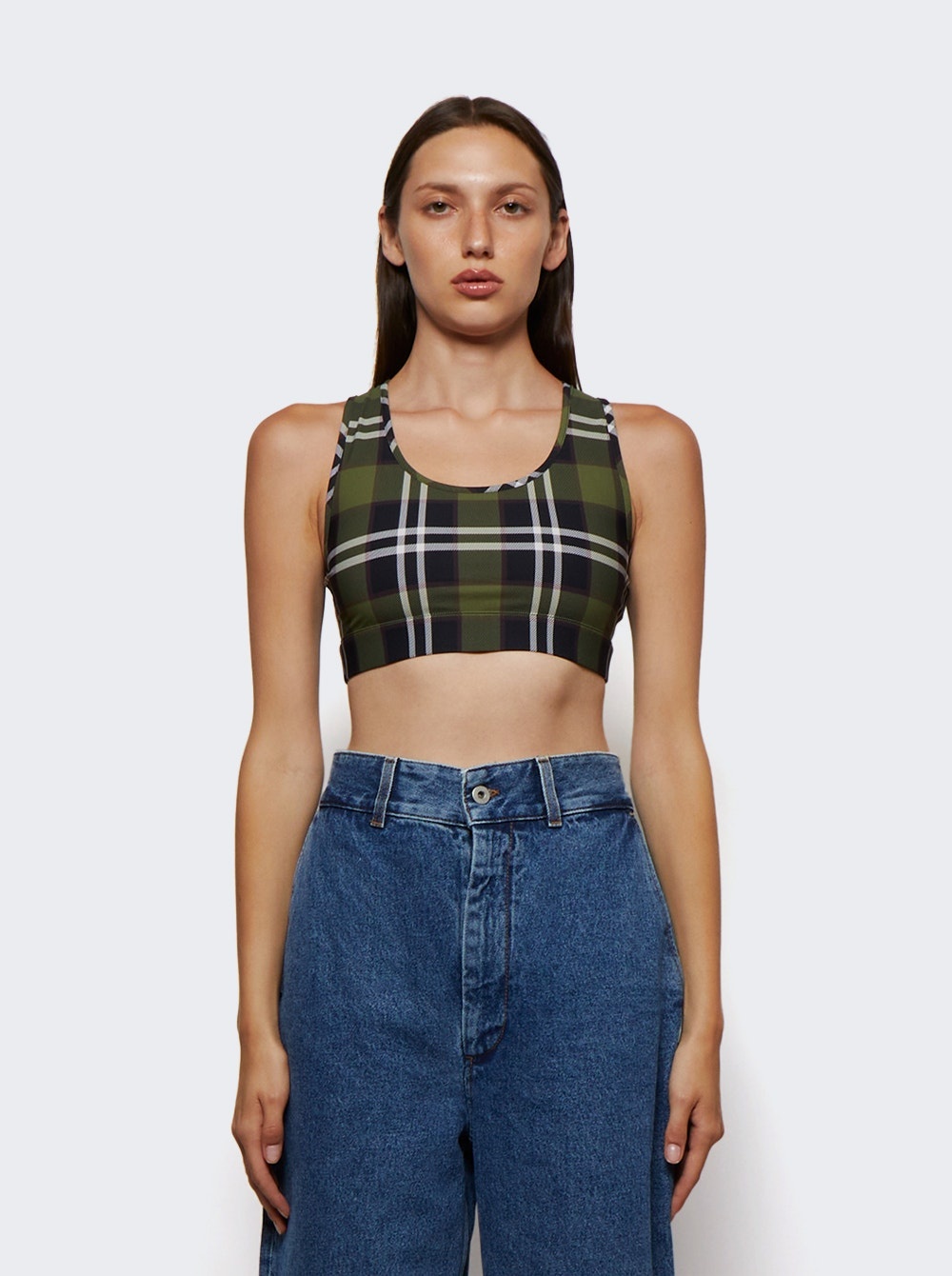 Check Print Scoop Neck Top Dark Olive Green - 3