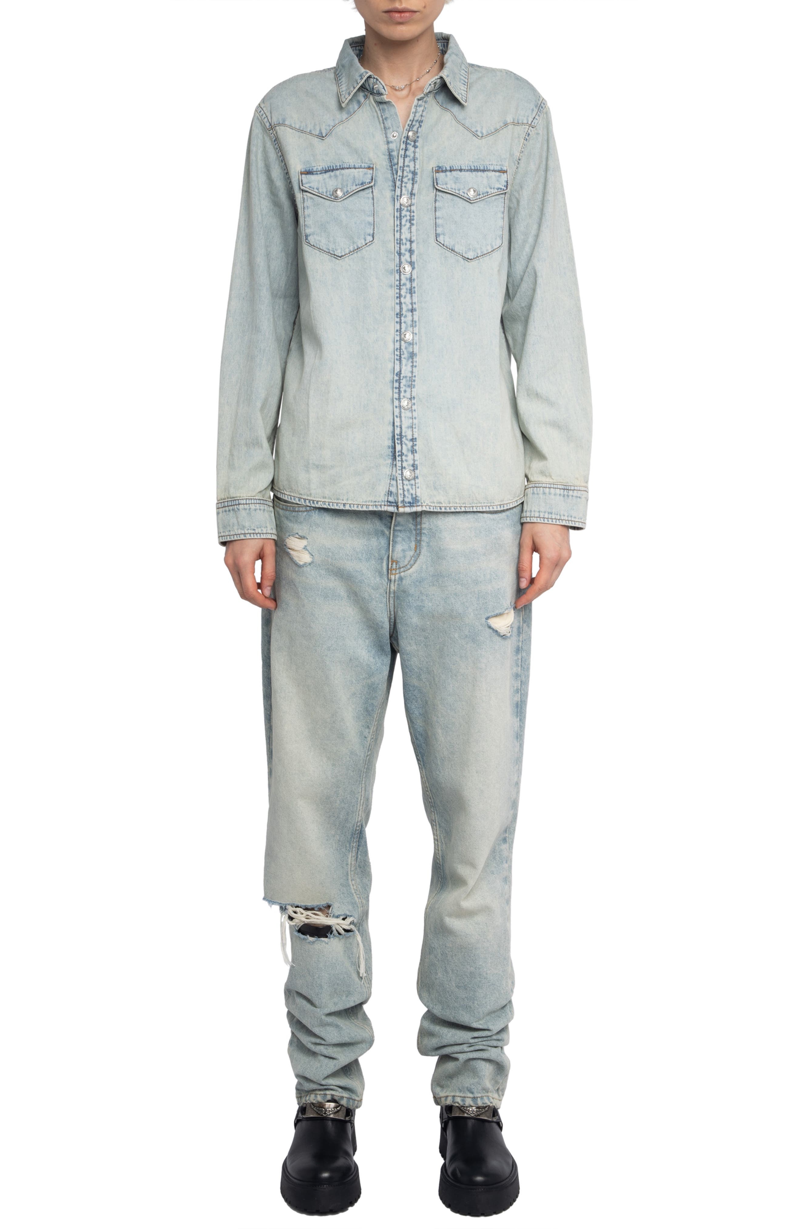 Zadig & Voltaire Saby Studded Denim Button-Up Shirt in Light Blue at Nordstrom - 7