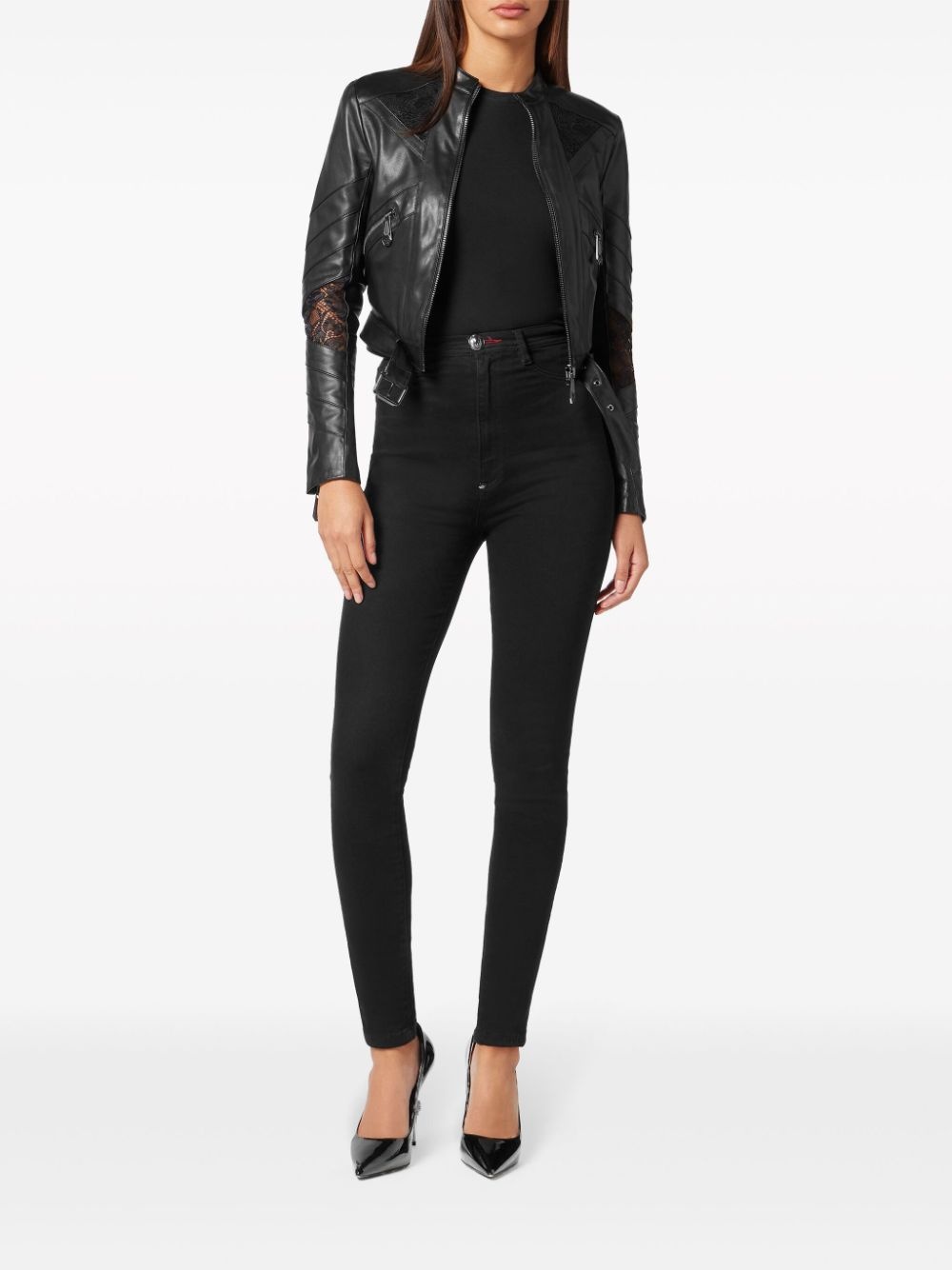 lace-embellished leather jacket - 2