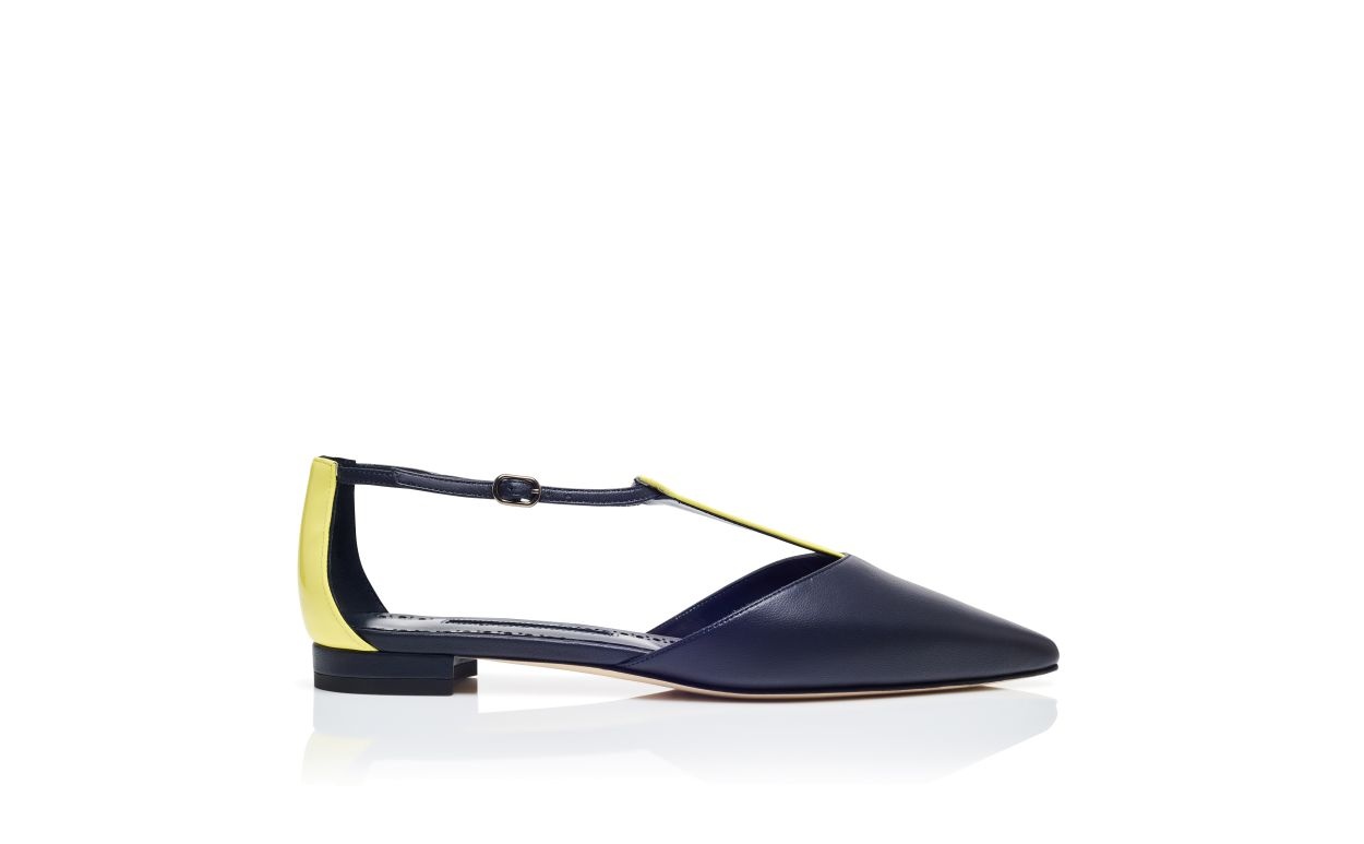 Navy Blue and Yellow Nappa Leather Flat Pumps - 1