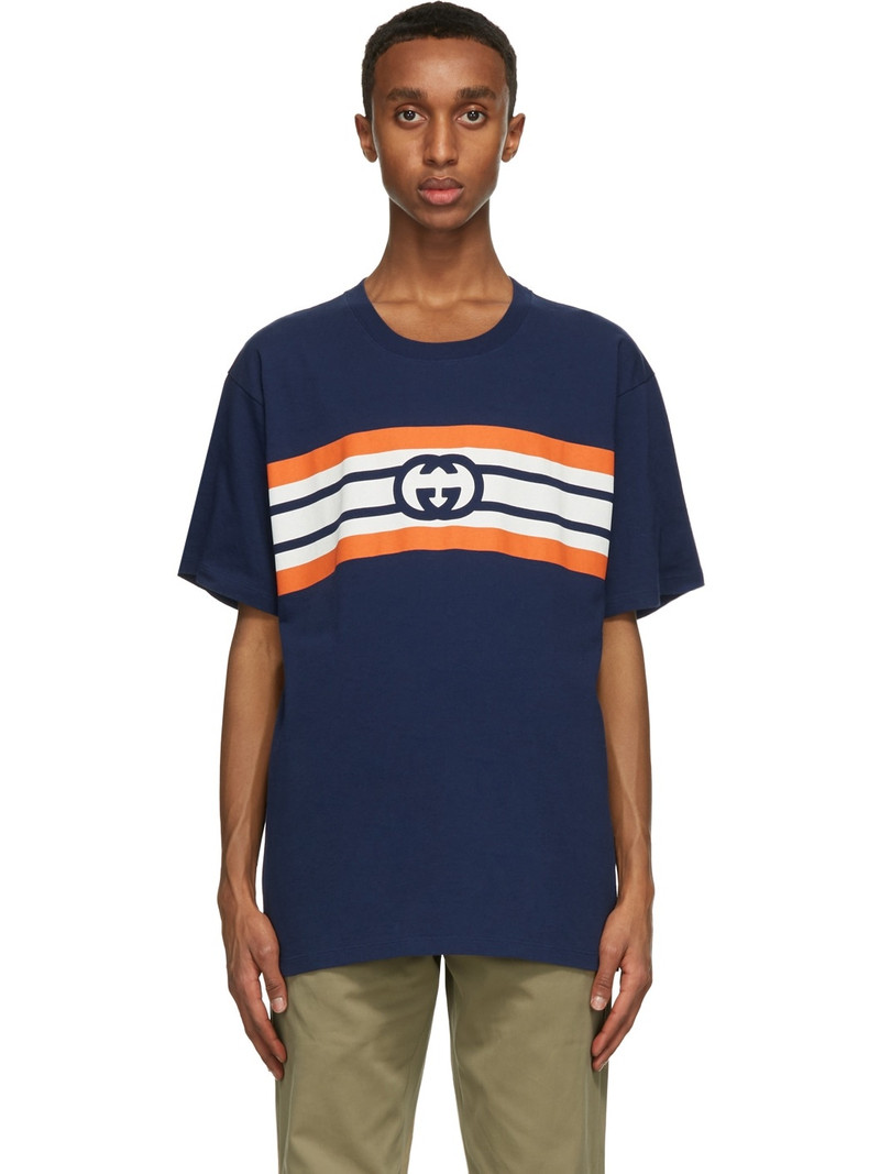 Blue Interlocking G Stripe Print T-Shirt - 1