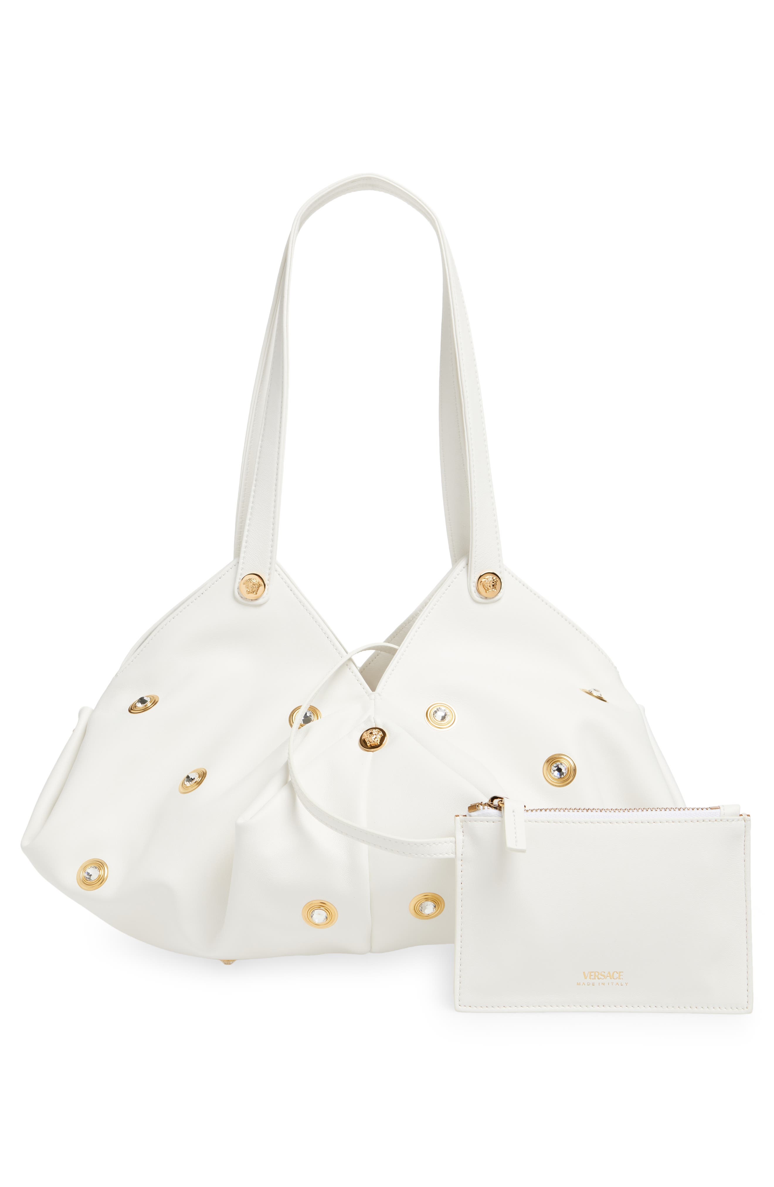 Versace Protea Crystal Stud Leather Shoulder Bag in Porcelain White Gold at Nordstrom - 4