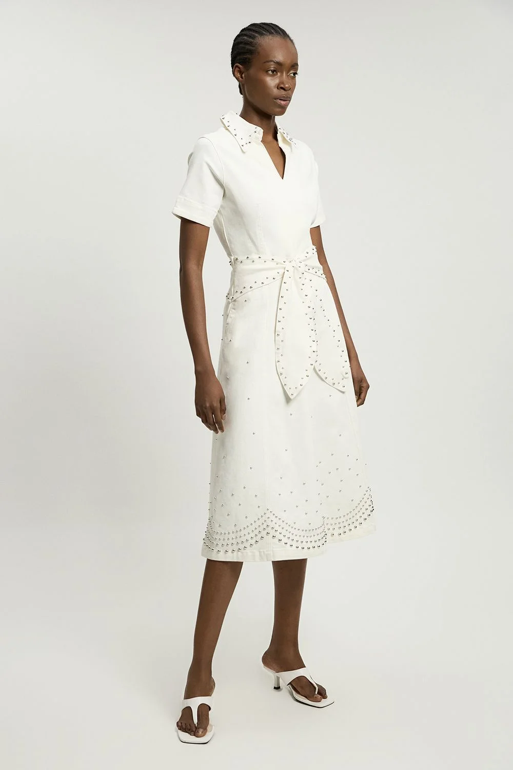 Denim Placed Studs Tie Belted Short Sleeve Full Midi Dress - 1