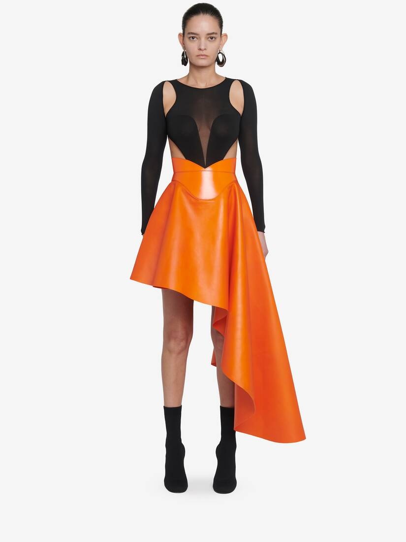 Women's Asymmetric Drape Leather Skirt in Sunset Orange - 2